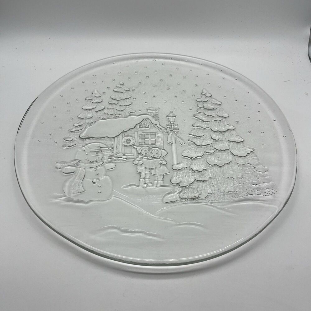 Libbey Embossed Clear Glass Holiday Serving Platter 12.75” Christmas Scene